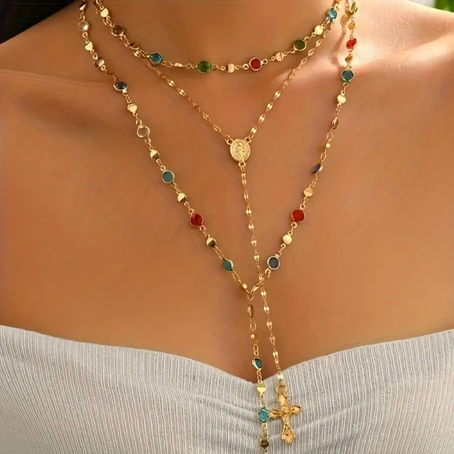 1/5/10/20/50/100pcs Women's Fashion Zinc Alloy Cross Pendant with Colored Glass Rhinestone Necklace, Vintage Elegant High-End Cl
