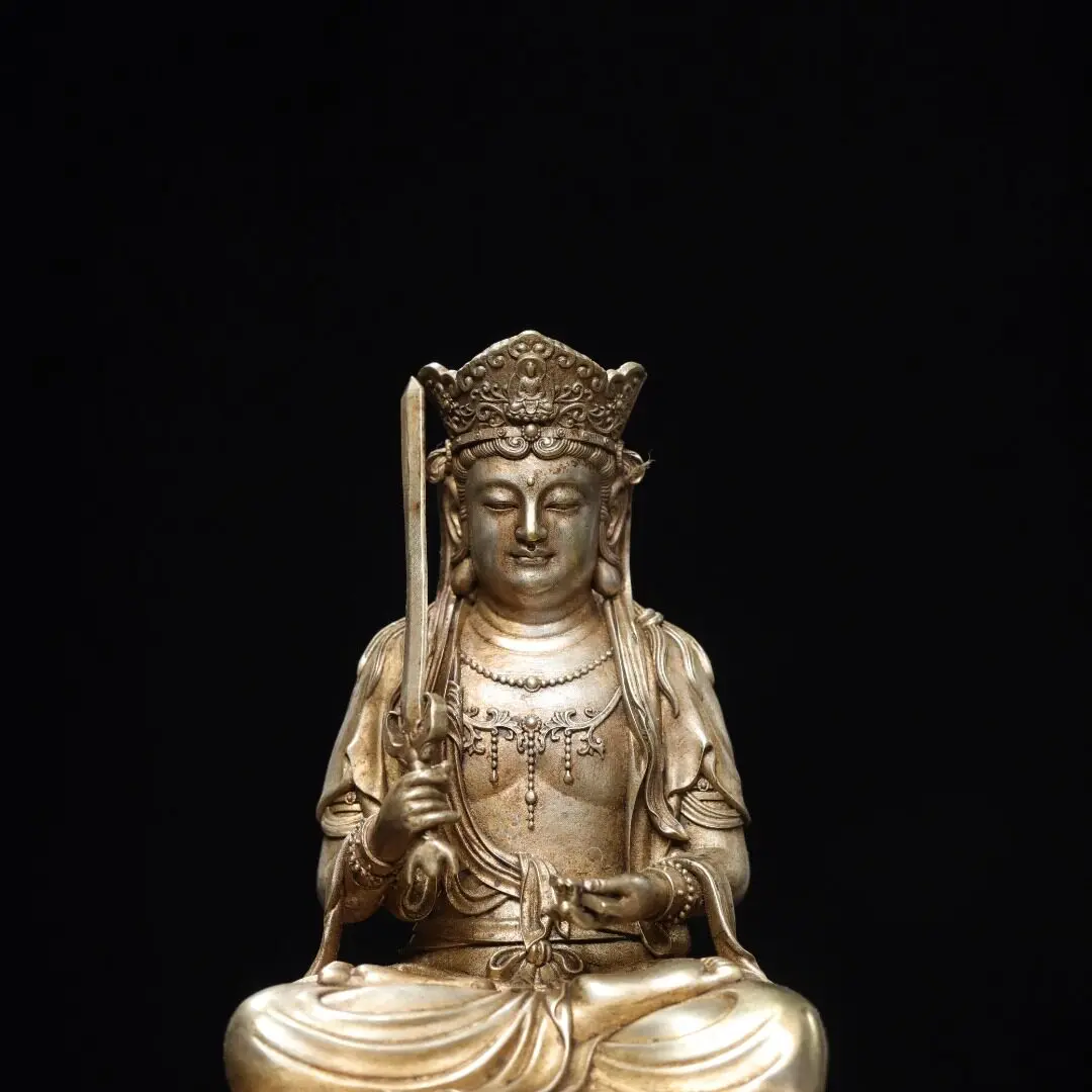 Silver Plated Sword Manjushri Statue Tibetan Copper Home Altar Art Decor