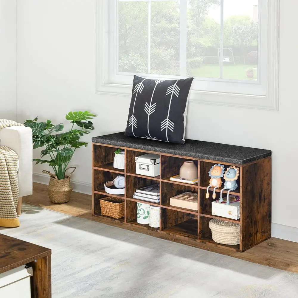 12-Cubby Shoe Bench with Cushion, 39.4 Entryway Storage, Coat Rack, Holds 330 lbs