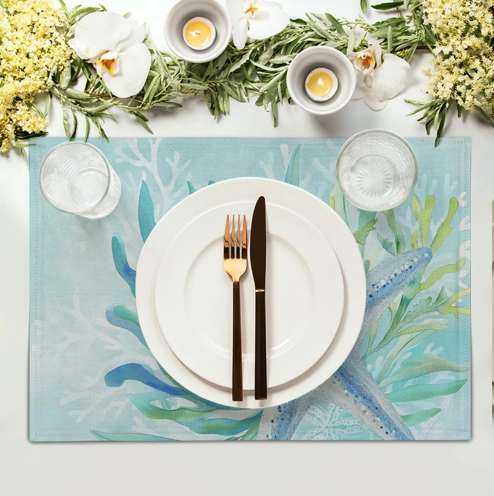 Summer Sea Star Shell Pattern Linen Insulation Placemat Kitchen Table Dish Mat Tableware Mat Durable for Daily and Festivals Use