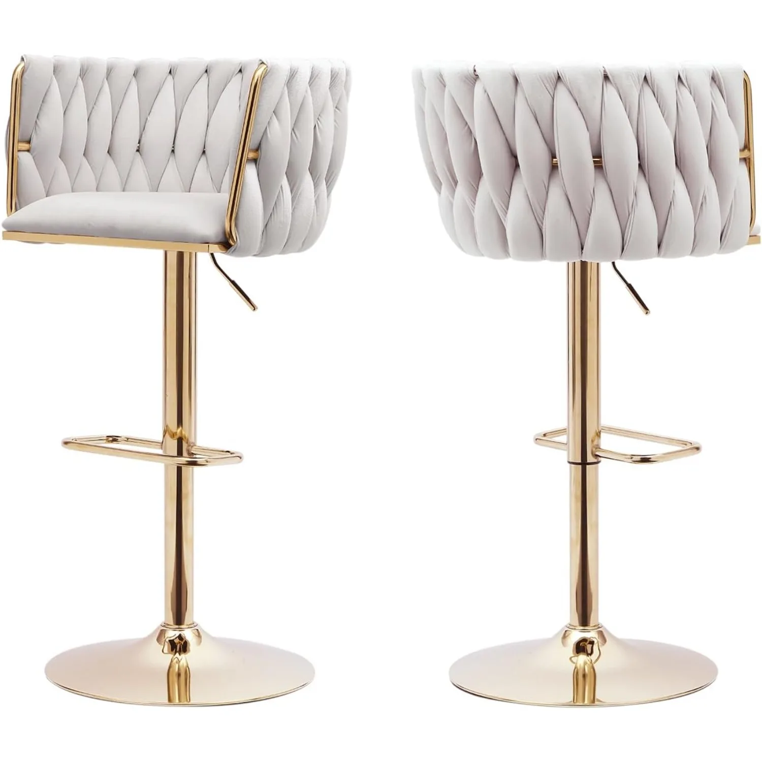 

Комплект из 2 барных стульев из бежевого вельвета – современные регулируемые поворотные стулья для барной стойки с плетеным спинкой и золотыми металлическими ножками