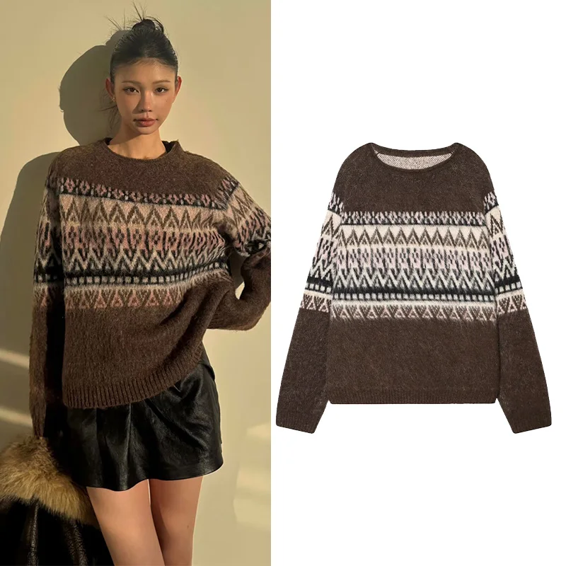 

HipSeam Women Jacquard Brushed Effect Sweater with Brushed Effect Autumn O Neck Women Knit Jumper Female Ribbed Trims Tops