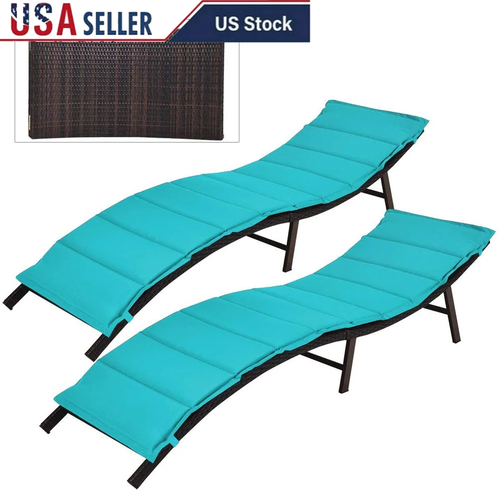 Outdoor Patio Wicker Lounger Set of 2 Double-Sided Reversible Cushions Steel Frame Foldable Poolside Garden Lawn Relax Zone