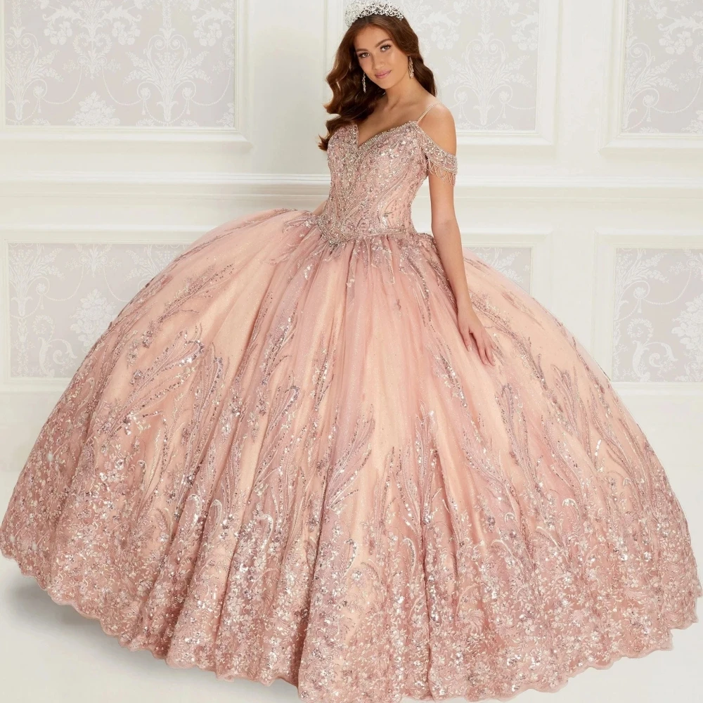 Изящные платья Quinceanera с открытыми плечами, блестящее бальное платье с аппликацией и бисером, розовые мексиканские милые платья 16 лет