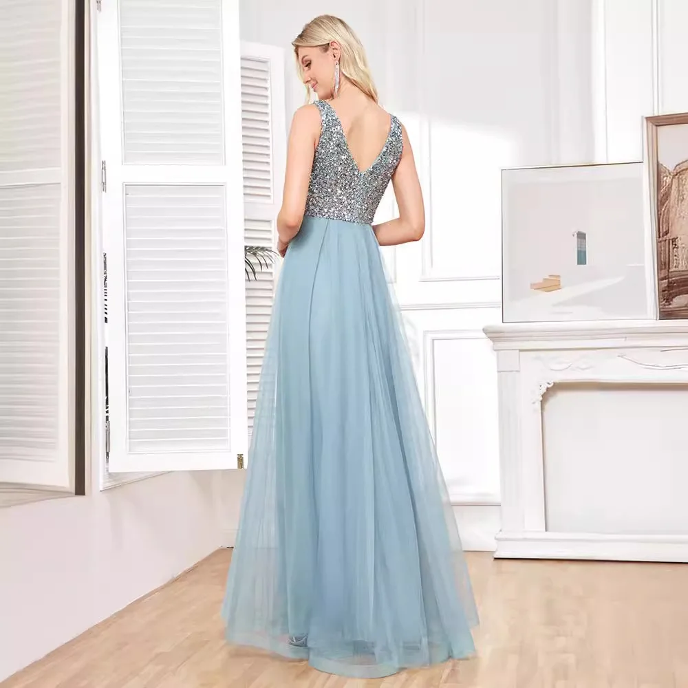 2024 Sleeveless Evening Dresses V-Neck Leaf Tulle Embroidery Long Party Gown Elegant A-Line Formal Dress