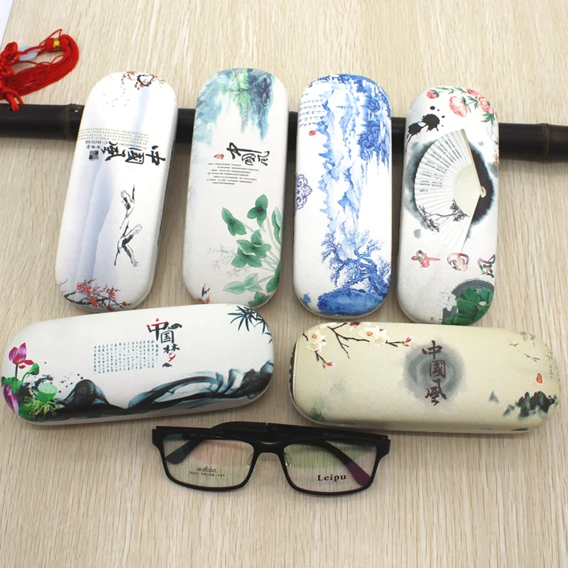 Chinese Tend Flip Eyeglasses Case for Optical Glasses PU Print Hard Iron Box Compressive Anti Scratch Lens with Cleaning Cloth