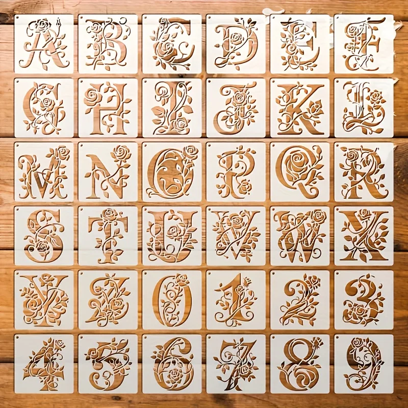 36PCS 3.9inch Floral Alphabet Stencils Reusable Rose Letter Painting Templates for Fabric Paper Glass DIY Craft Decor