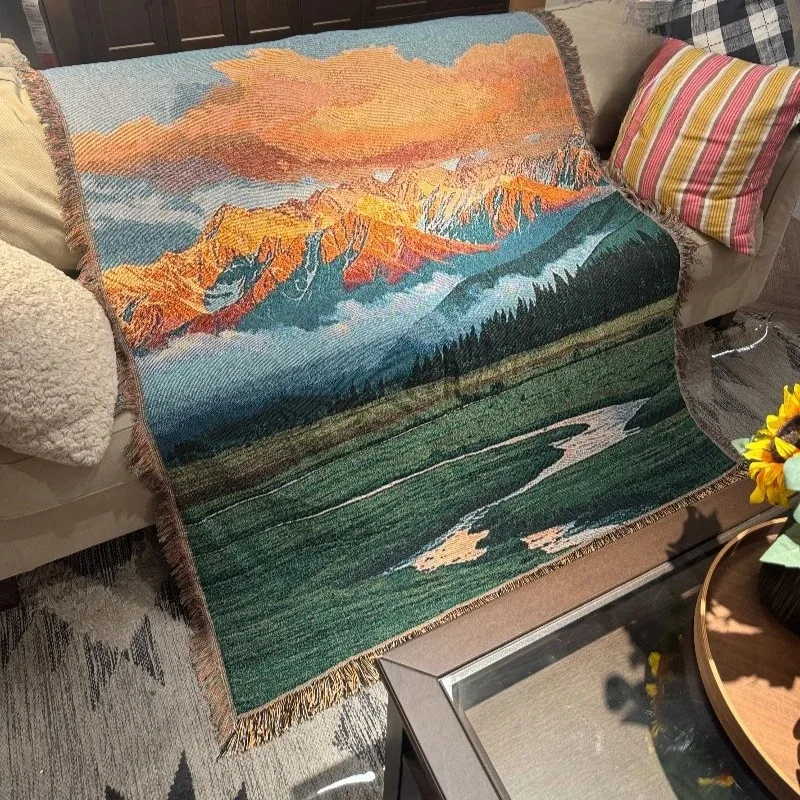 

Premium decorative landscape tapestry single sofa blanket knitted blanket bedroom background tapestry