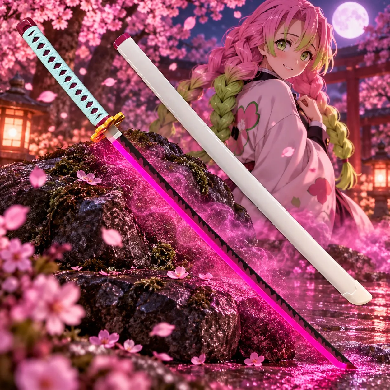 40inch Luminous Demon Slayer Katana Anime Cosplay Prop Luminous Kanroji Mitsuri Sword Light Sabre Real Size Japanese Katana Toy