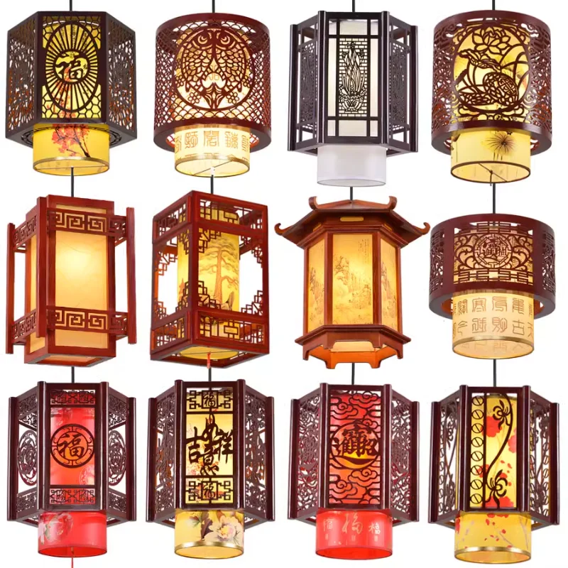 

Chinese antique small chandelier bar hot pot hotel Chinese style wood art lantern restaurant tea house retro sheepskin lamps