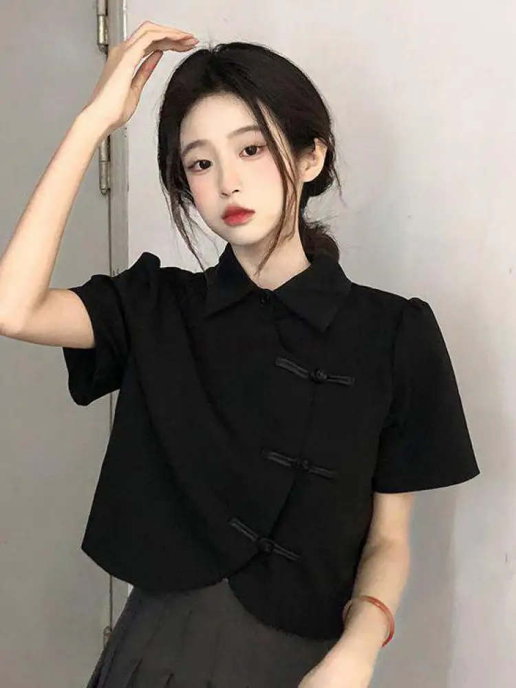 Women New Chinese Style Mandarin Collar Frog Button Pankou Black Short Sleeve Asymmetrical Retro Tang Suit Casual Blouse Summer