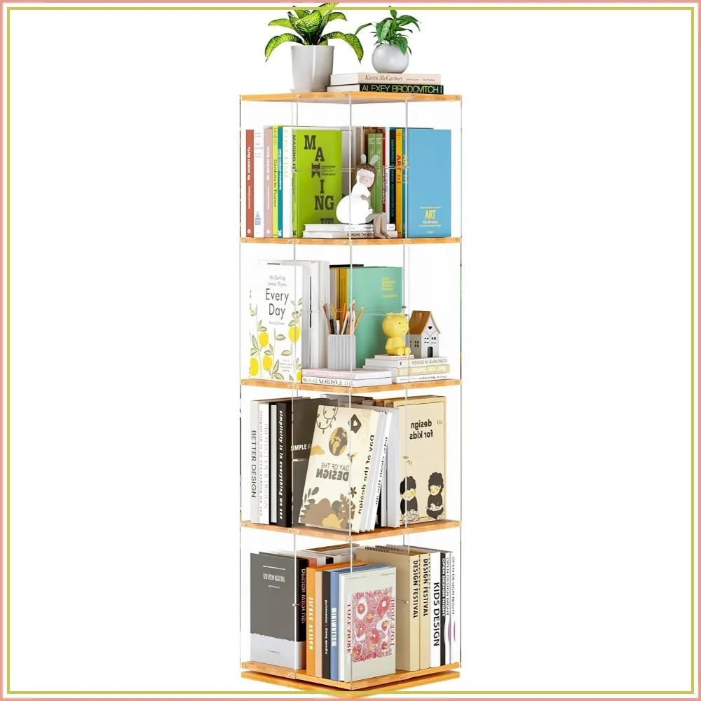 Rotating Bookshelf 360 Degree Revolving Bookcase 4-Tier Clear Acrylic Solid Wood