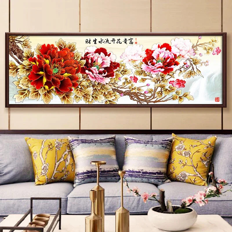 Wunderschöne Pfingstrosen-Blumen, großes Diamantgemälde, 300 x 100 cm, DIY-Diamantmosaik, Kreuzstich, blühende Blumen, fließendes Gewässer, Geschenk