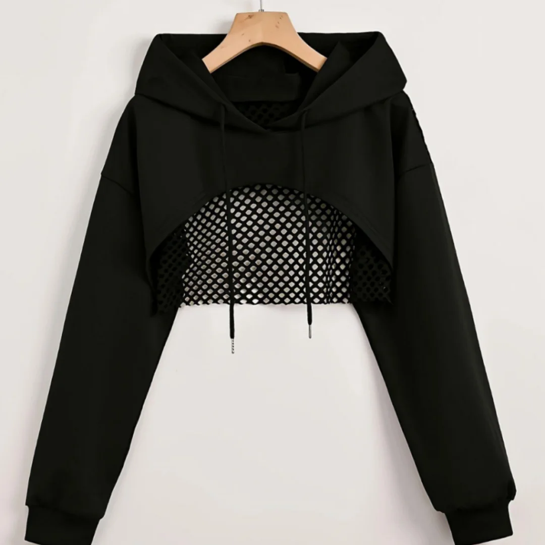 Chic Hollow Out Hoodies Solid Long Sleeve Backless Drawstring Sports Hooded Tops Fashion Streetwear Hip-Hop Style Dancing Outfit