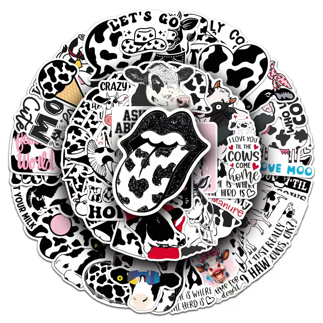 50 Pieces Cartoon Cow Stickers, Black & White Spotted Animal Trendy Decals for Phone Cases, Tablets and Storage Boxes