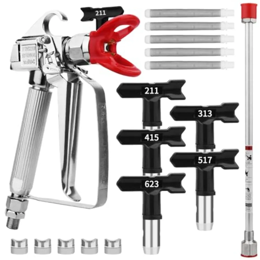 

3600 PSI High Airless Paint Sprayer Gun with Nozzle Guard and with 5 Spray Nozzle Tips and 5 Airless Paint Sprayer Gun Filters