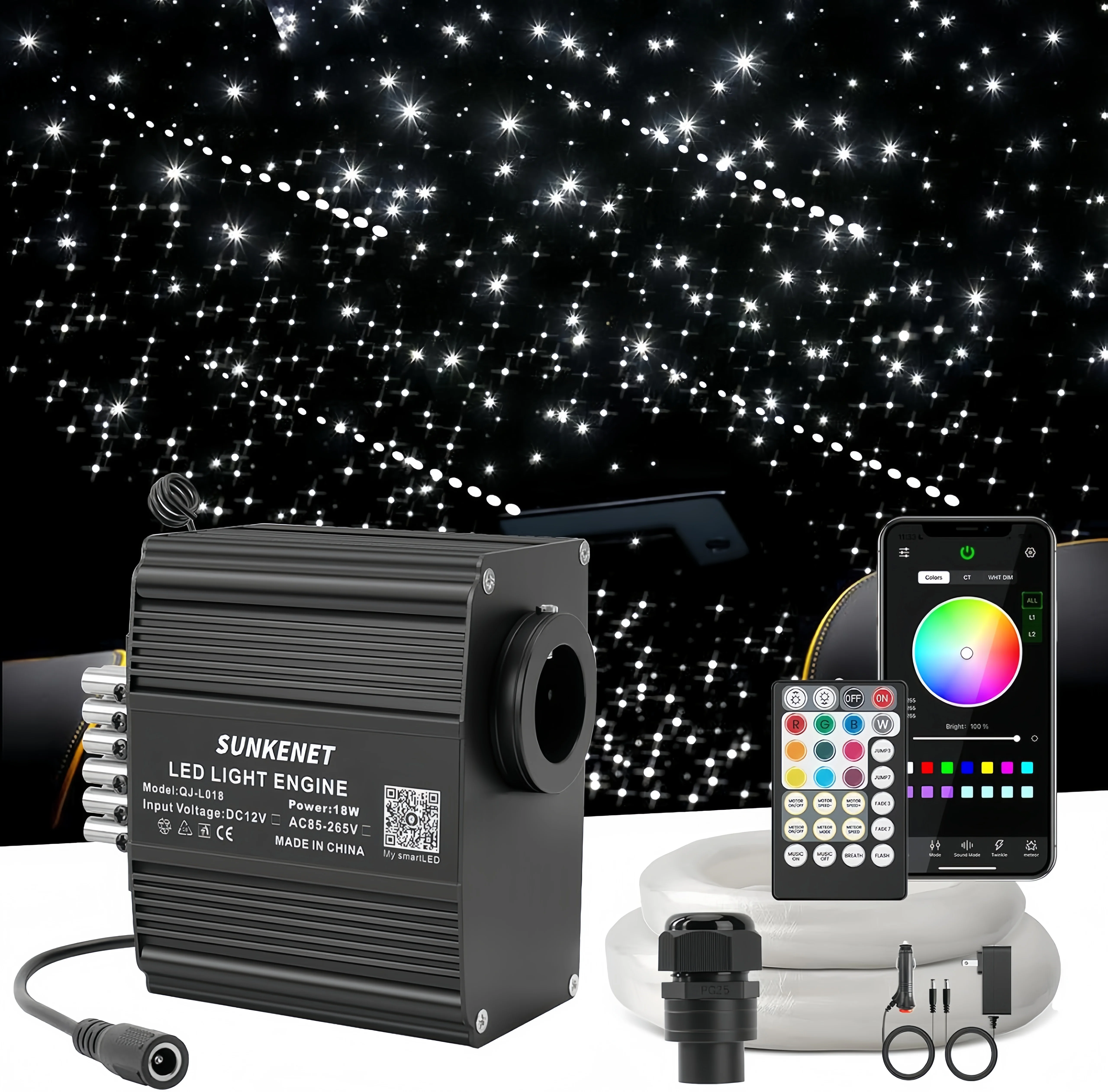 12W Bluetooth APP Control Twinkle&Meteor 2-in-1 Fiber Optic Light Starlight Headliner RGBW Sound Activate 12-hole Meteor DIY kit