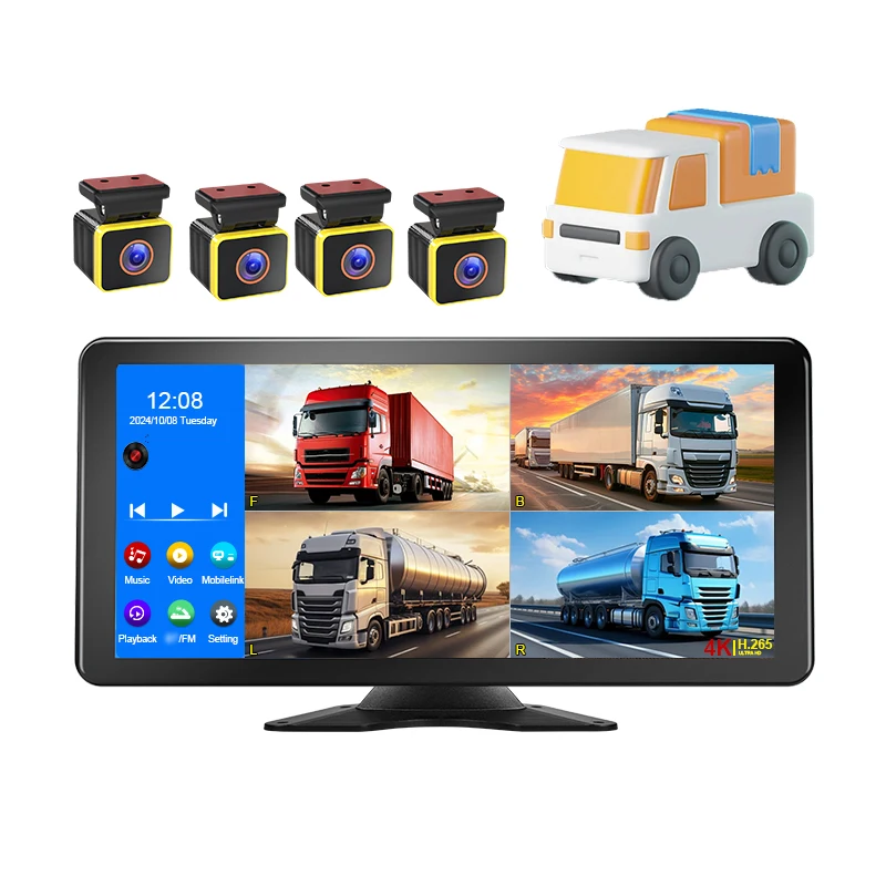 10.36 Inch Touch Screen 4CH 1080P Car Dash Cam DVR Driving Recorder Truck Monitoring System MP5 Player for Truck RV Van