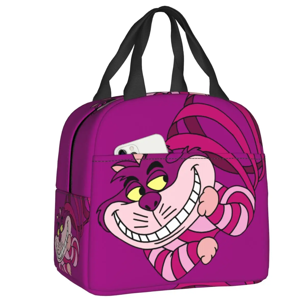 

Custom Cheshire Cat Resuable Lunch Boxes Women Multifunction Thermal Cooler Food Insulated Lunch Bag Office Work