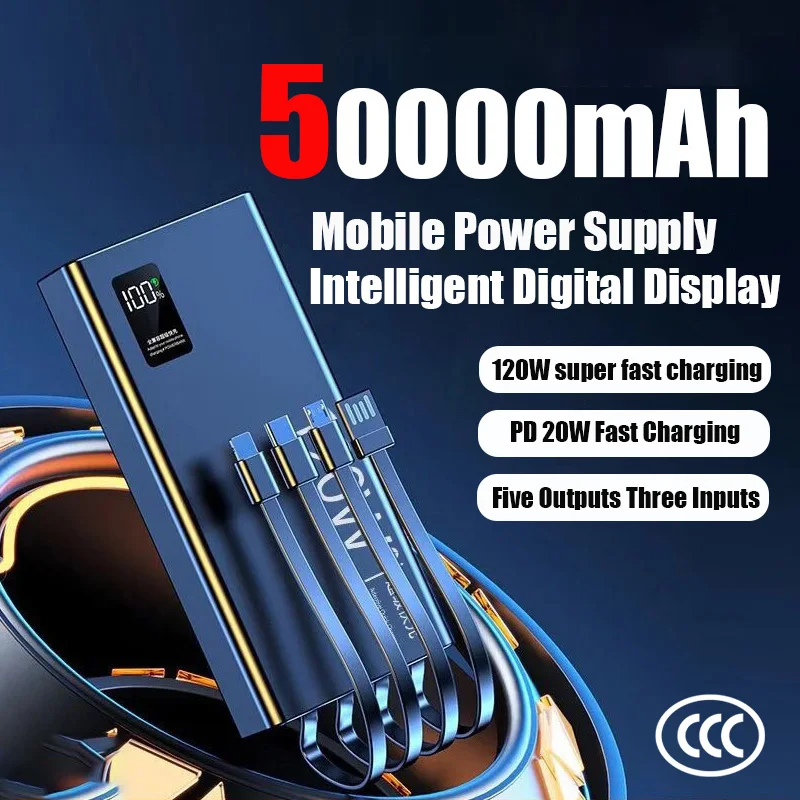 

Портативный внешний аккумулятор большой емкости 50000 мАч, оснащенный 4 шнурами питания и быстрой зарядкой 120 Вт, подходит для IPhone, Samsung, Xiaomi
