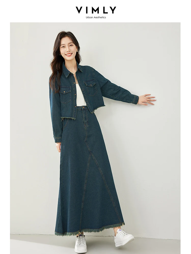 VIMLY Vintage Fashion Long Denim Skirt Set Autumn New 2 Piece Sets Womens Outfits Tassel Cropped Cardigan Jacket Long Skirts