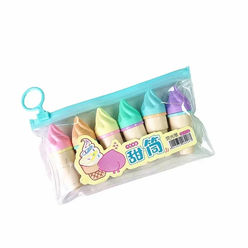 6Pcs Cute Ice Cream Highlighters Set Mini Marker Pens Kids Stationery Students Drawing Painting Tool Student School Supplies New