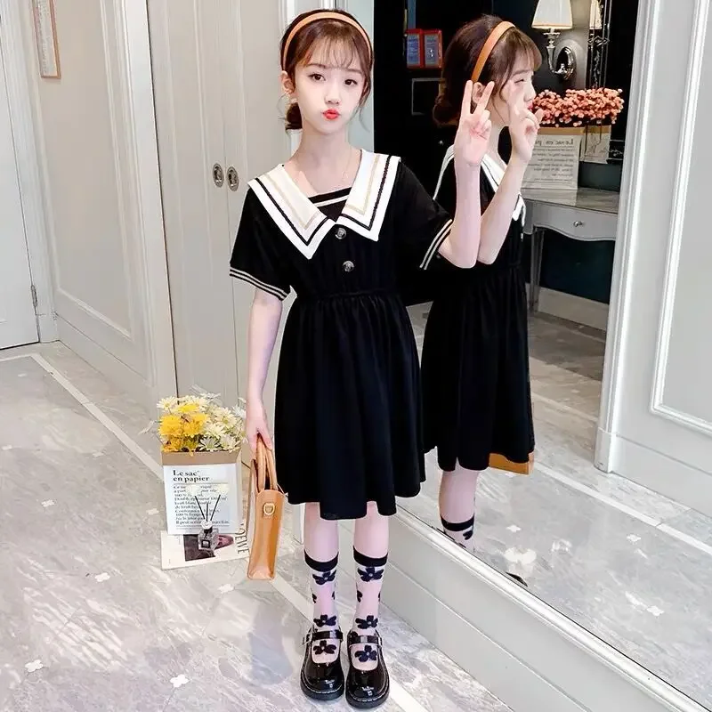 2024 preppy summer Kids patchwork Child Clothes Teenager School sailor bow JK striped Uniform Dress Girls Daily Wear 6 9 12 yaer