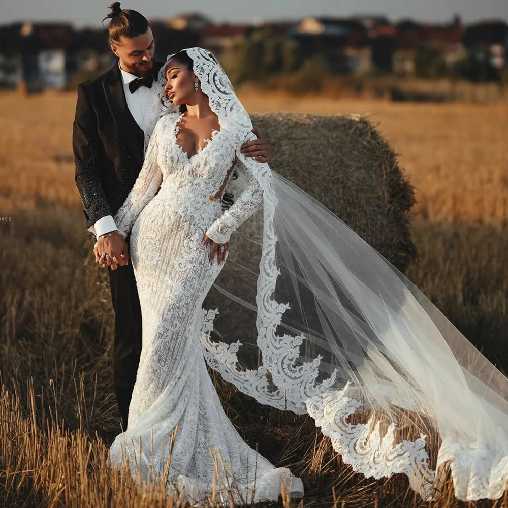 

Sexy V-neck Mermaid Customized Wedding Dress Elegant Long Sleeves Sequined Bridal Gowns Fashion Lace Appliques Robe de mariée