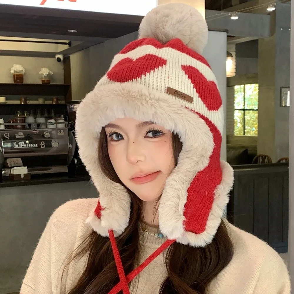 Уютная утолщенная вязаная шерстяная шапка с помпонами, дизайнерская зимняя шапка с принтом любви, шапка-бини, уличная зимняя шапка