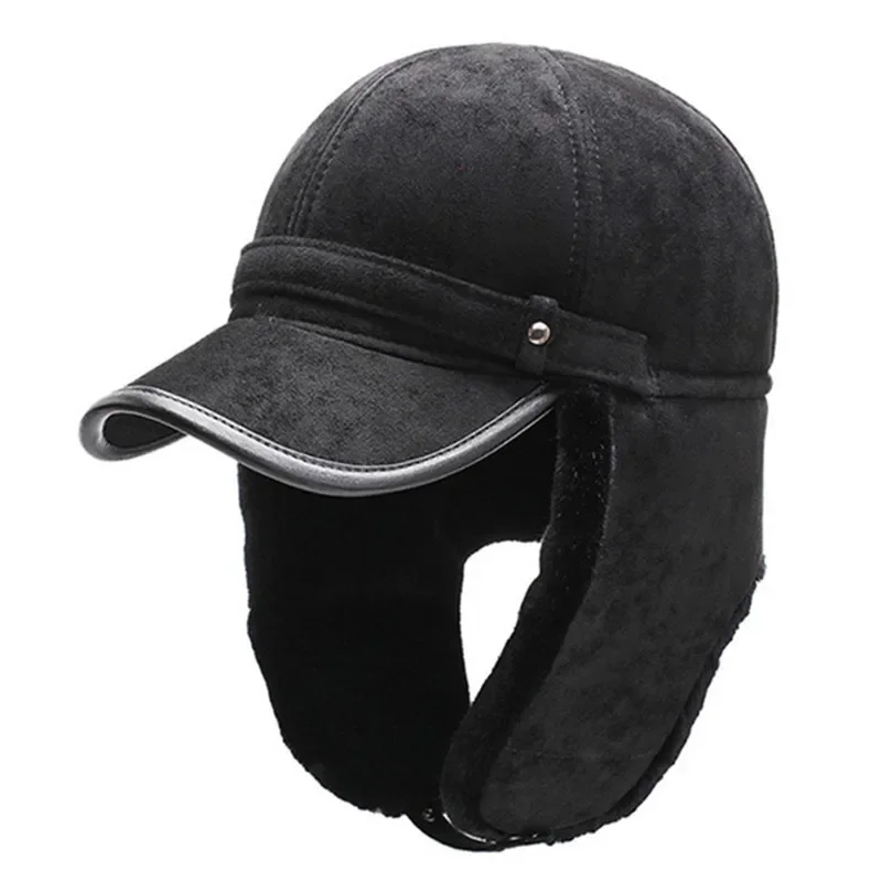 

New Winter Men's Warm Hat Suede Bomber Hats Plus Velvet Fluff Earmuffs Cap Cold Proof Windproof Elderly Dad's Hat