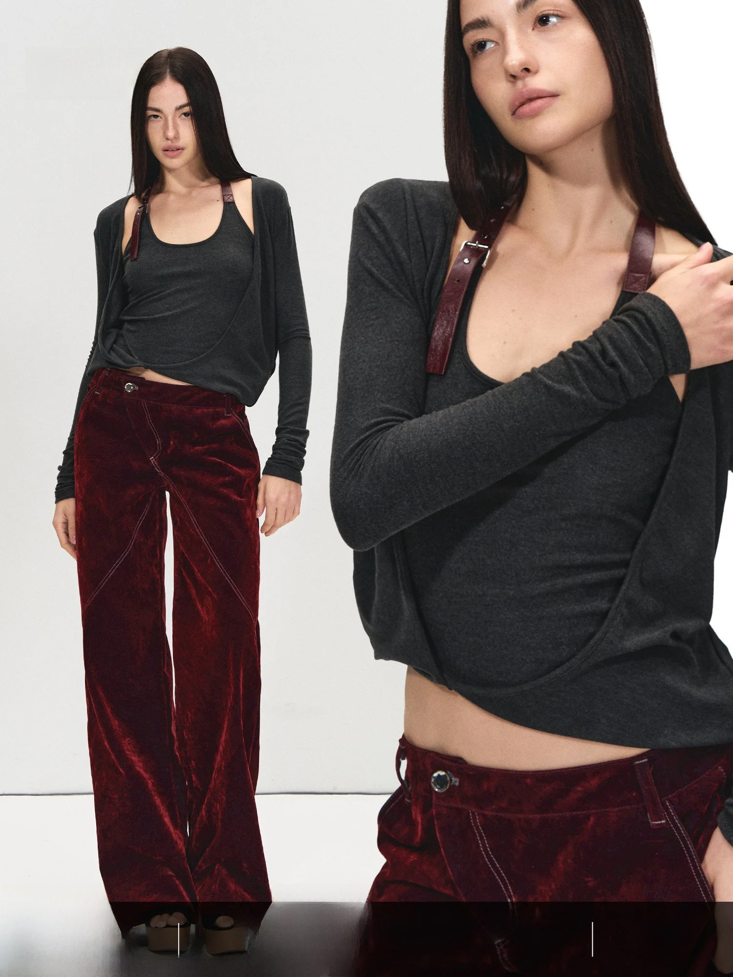 

PRRP Винтажный женский повседневный вязаный топ с U-образным вырезом, поясом и эффектом двухслойности, с длинными рукавами, для зимы