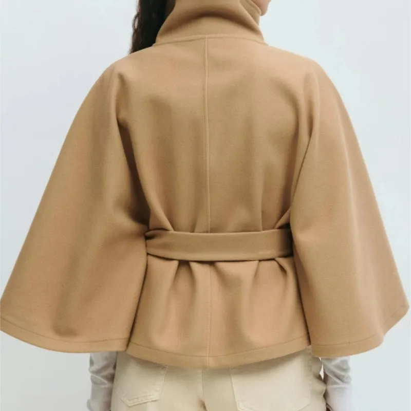 2025 Fashion Cape Style Woolen Coats Women Autumn Winter Batwing Sleeve Belts Loose Jacket Female Elegant Solid Windbreaker Coat