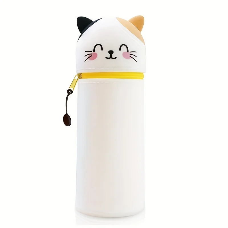 2-in-1拡張シリコンペンケース＆デスクオーガナイザー、学校オフィス家庭用キュートな猫デザイン、柔らかく耐久性のある文房具収納