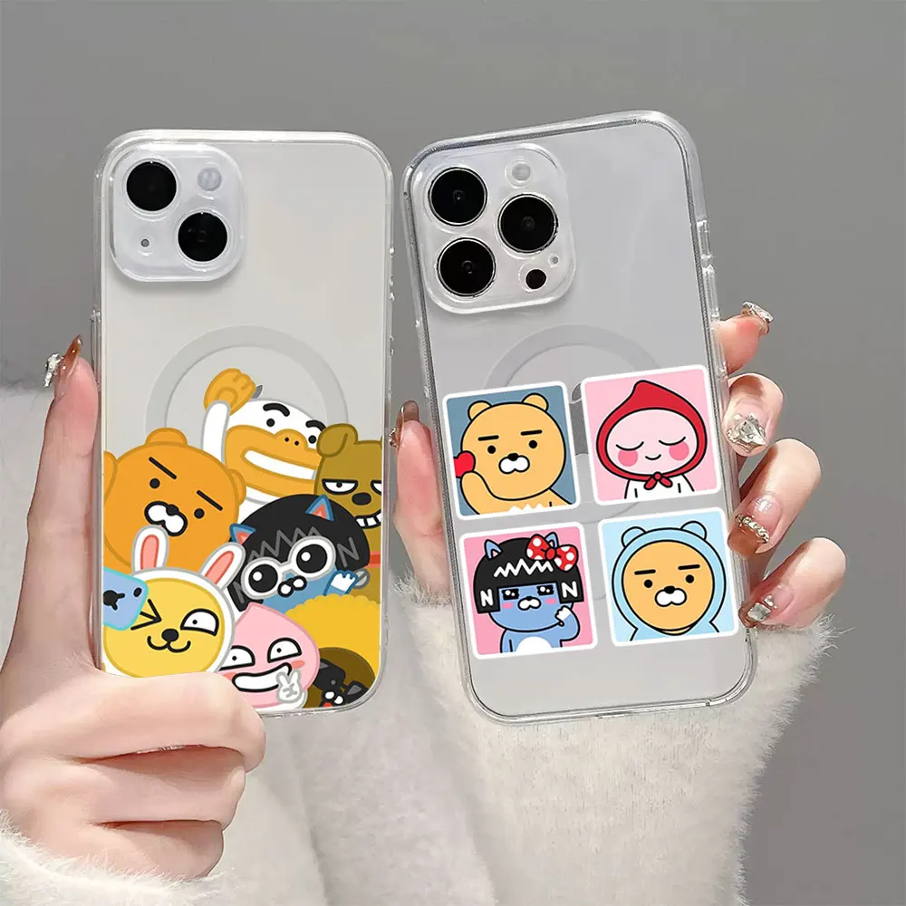 Cute Cartoon K-KAKAO F-FRIENDS Phone Case for iPhone 12 11 13 14 15 16 Max Pro Plus Transparent Magsafe Magnetic Wireless Cover