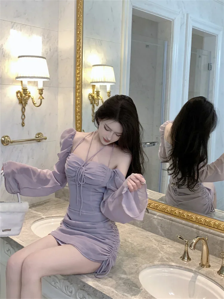 Sexy Halter Chiffon Dress Women 2024 Summer Lace Up Drawstring Bodycon Short Dress Fashion Long Sleeves Lilac Mini Party Dress