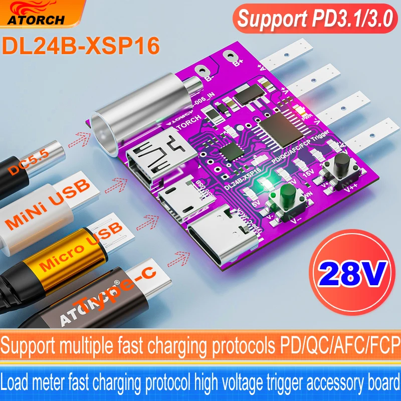 ATORCH Type-C PD3.1 Snel opladen Protocol 4-draads testbord Spanningsmeter Ontvanger 140W Oplader Verouderingstool voor DL24 Belastingstester