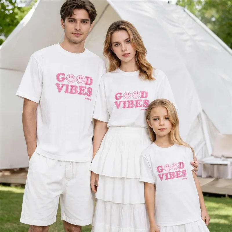 Family Matching T Shirt Happy Face Print 100% Cotton Short Sleeve Parent Child Summer Tee Mommy Daddy Me Family Look