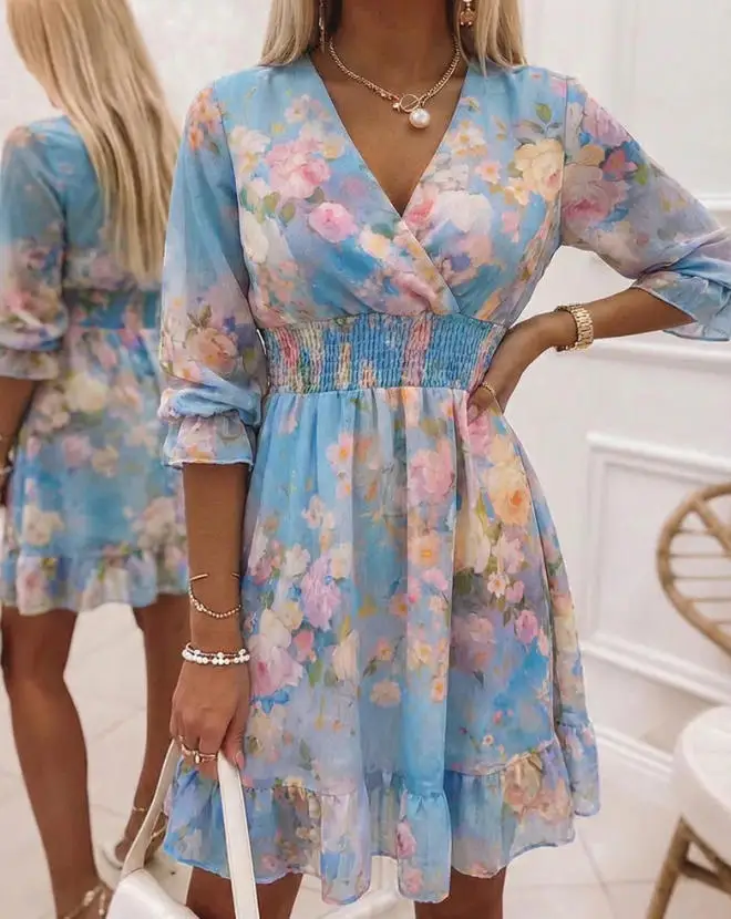 

V-Neck Three-Quarters Sleeve Pleated Waist with Ruffled Hem Dress