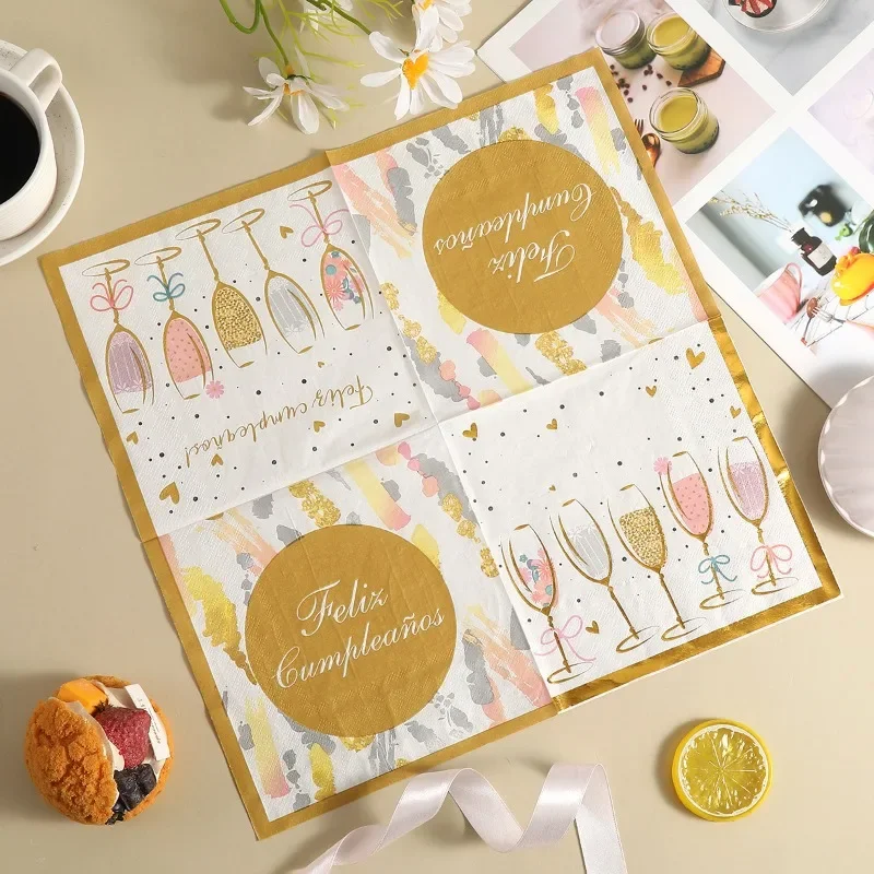 20pcs 33*33cm 2Layer Gold-stamped Series Birthday Party Napkins Spanish Happy Birthday Wine Glass Printing Paper Folding Paper