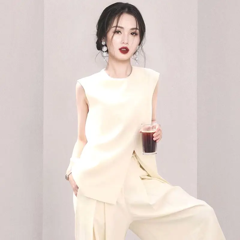 High Quality Summer White Pants Suits Women O Neck Sleeveless Split Loose Tops +Wide-Leg Trousers Suit Lady Office Two Piece Set