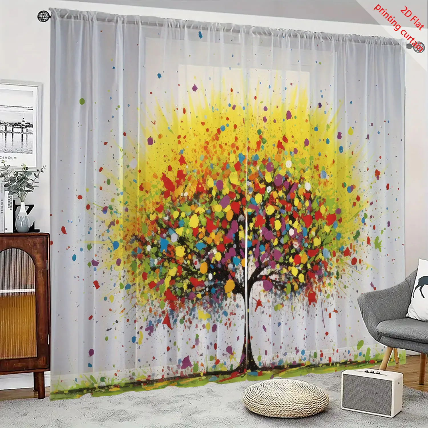 Colorful tree printed transparent screen curtain, aesthetic window decoration, suitable for home, office, dormitory, balcony