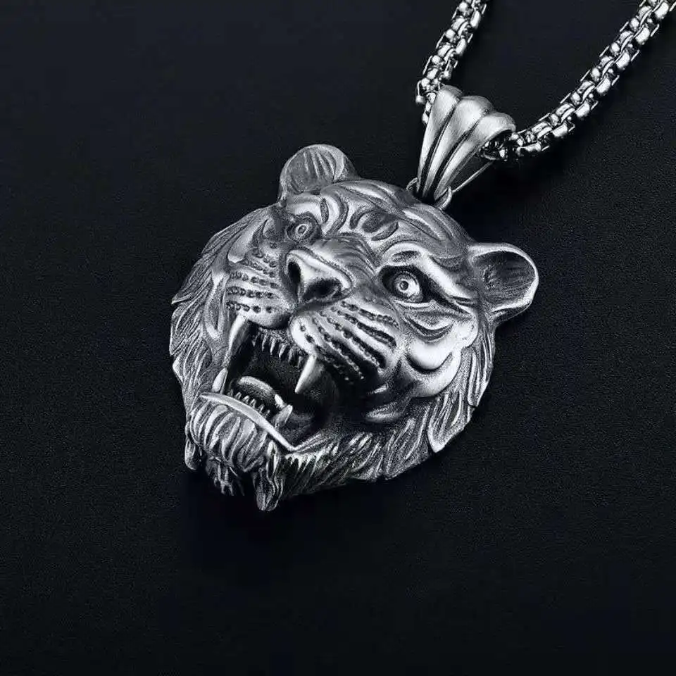 Domineering and Fierce Tiger Head Animal Pendant Necklace Men\'s Fashion Personality Punk Trend Jewelry