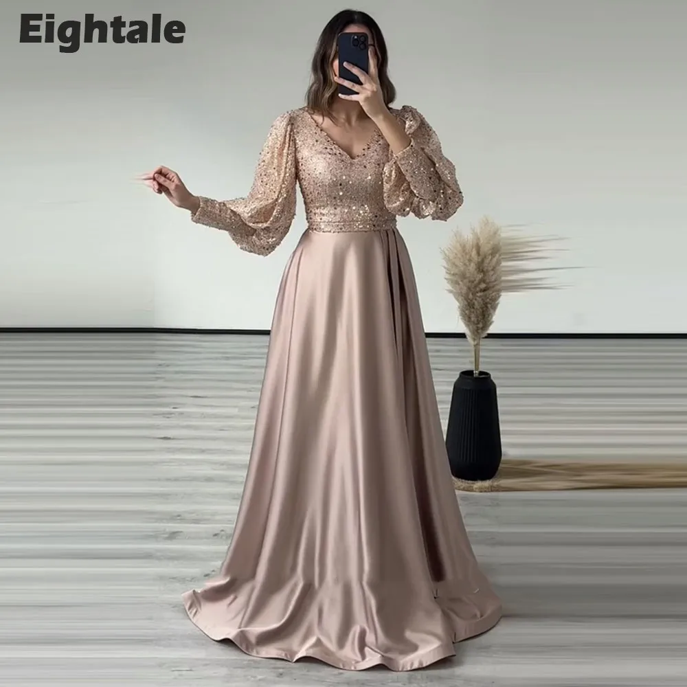 Eightale Luxury Evening Dresses Sparkly Rose Champagne V-Neck Long Sleeves Customized Arabic Prom Party Gowns Ballkleider