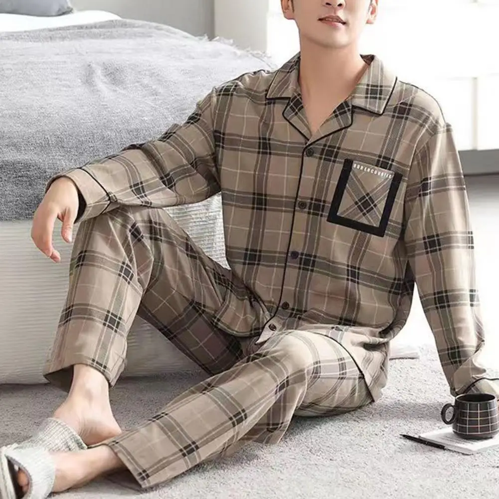 Elastic Waist Loungewear for Men Striped Turn-down Collar Men's Pajama Set Comfortable Homewear with Loose Wide Leg Trousers