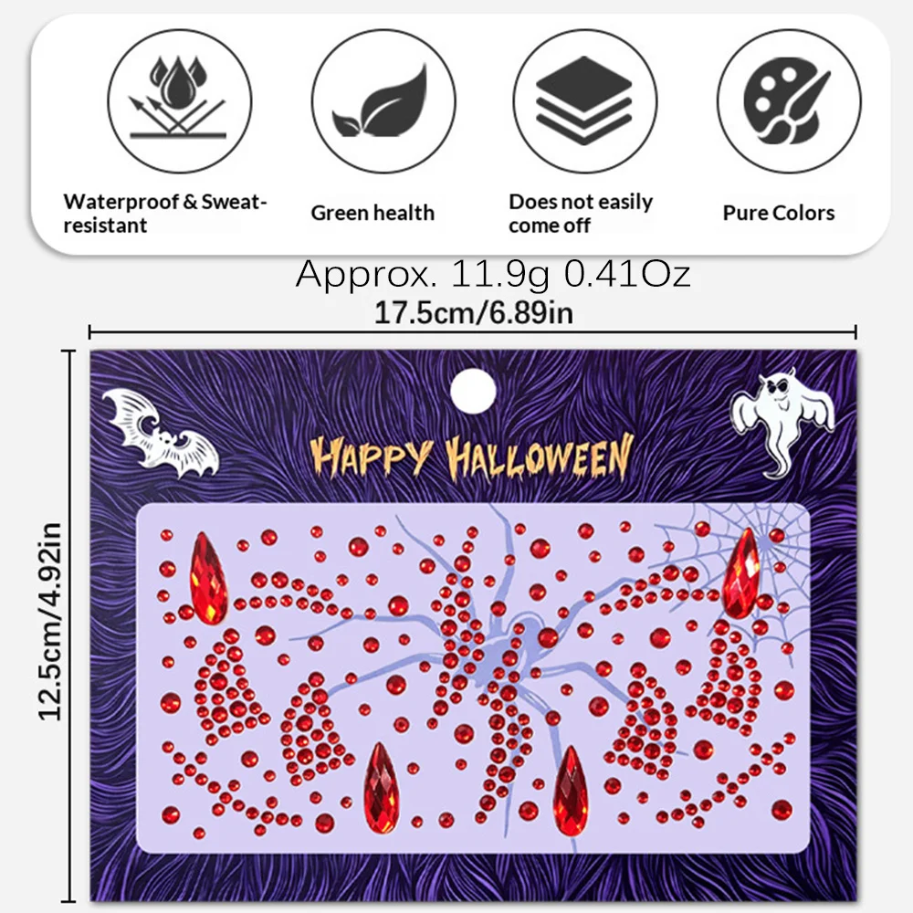 1Pc Face Gems Stickers Red & Black Two Styles Mixed‑Size Blood Teardrop Rhinestone For Halloween Vampire Cosplay Makeup Decor