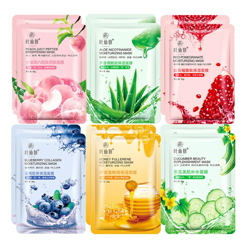 

12 Pieces Blueberry Facial Masks Aloe Cucumber Peach Fresh Fruit Moisturizing Face Mask Sheets for Beauty Facial Skin Care