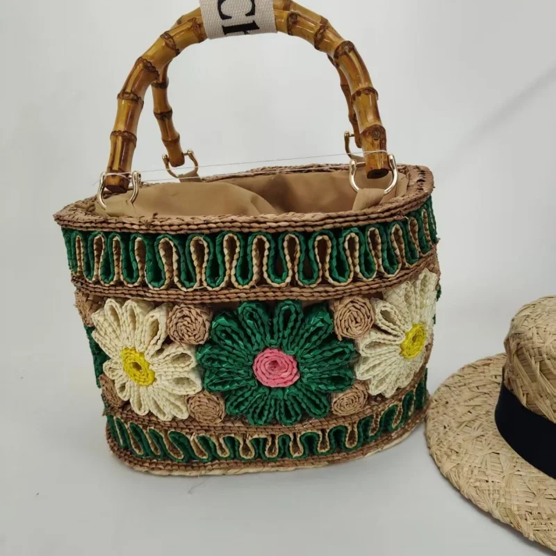 

Straw Braid Flower Colored Straw Woven Bag Women Hollow Out Bucket Bag Casual Fresh Natural Bamboo Handle Handbag