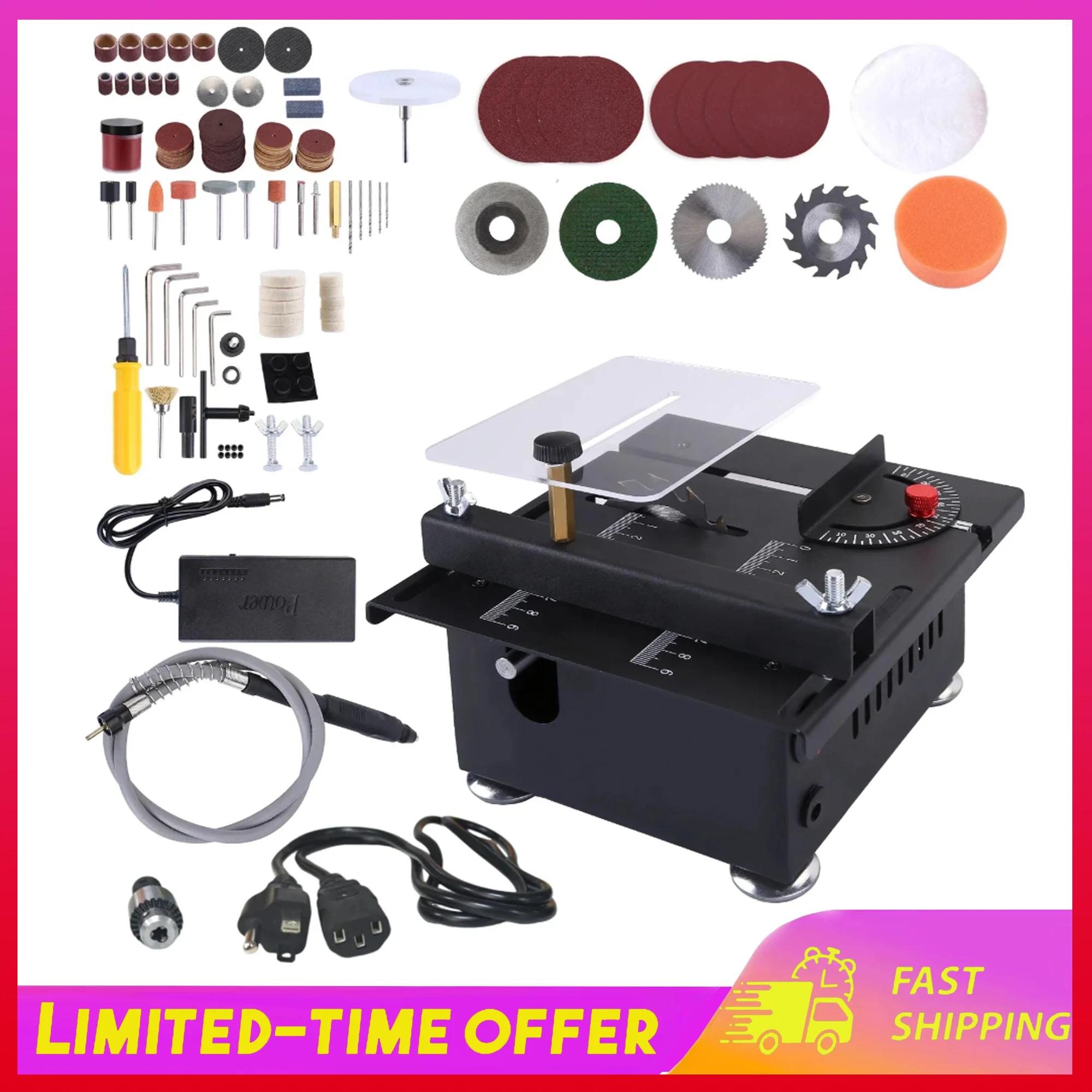 

0-90 ° Angle 7-Level Speed Adjustable 0-16mm Adjustable Cut Depth for Wood Metal Plastic Cutting 100W Mini Table Saw