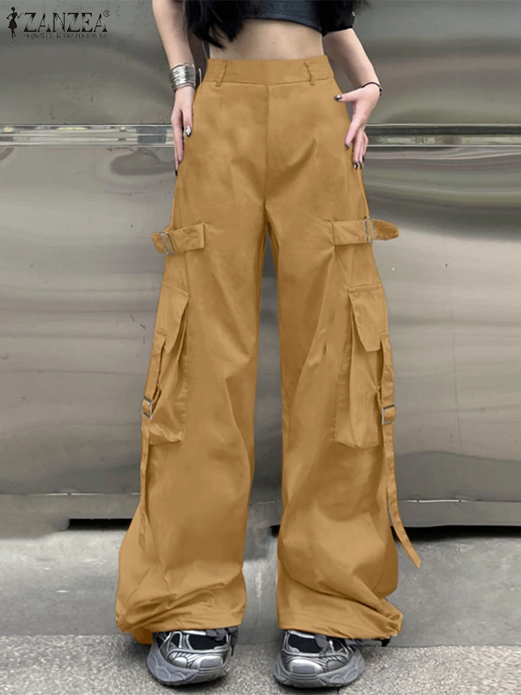 

ZANZEA Women Spring Summer Wide-Leg Cargo Pants High Waist Trousers Solid Color Workwear Adjustable Drawstring Hem Pocket Straps