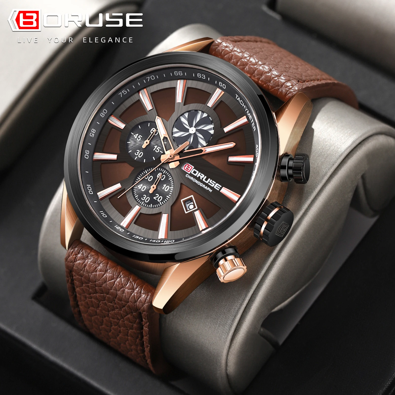 BORUSE-Casual homens pulseira de couro marrom quartzo esportes relógio, marca de luxo, data relógios de pulso, masculino esportes relógio